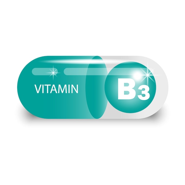 Vitamina b3, en, cápsula verde, píldora de la salud, vector, ilustración, eps, 10 Colección de imágen