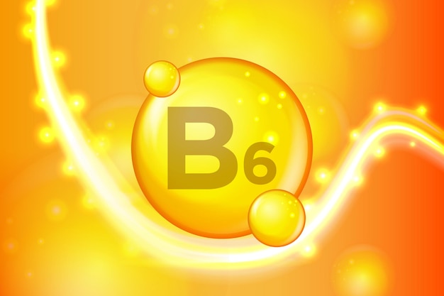 Vitamina b6 icono de cápsula de píldora dorada brillante complejo vitamínico con fórmula química brillo dorado destellos anuncios médicos y farmacéuticos ilustración vectorial