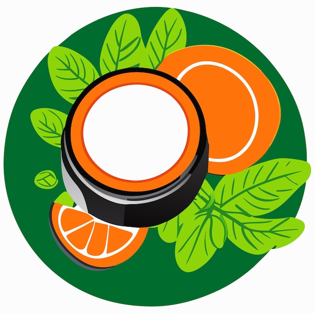 vitamina c en recipientes de plástico coloridos y naranjas con hojas verdes sobre fondo blanco