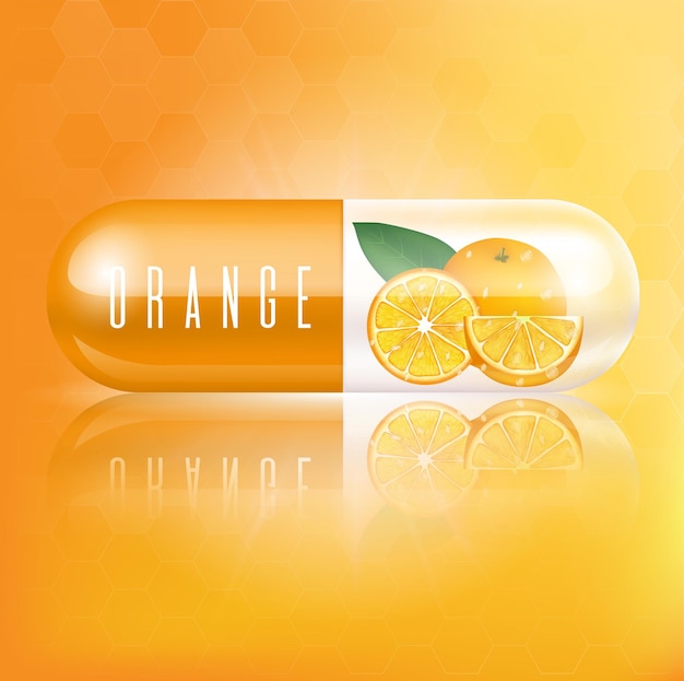 Vitamina cápsula de naranja con rodajas de naranja y hojas conceptos médicos y suplementos para la salud