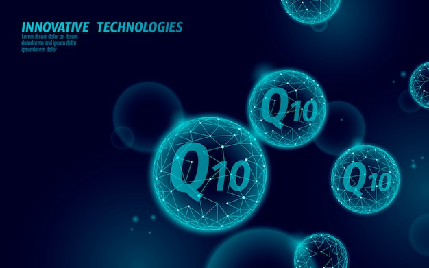 Vitamina q10 baja poli esfera globo azul oscuro. suplemento para la salud, cuidado de la piel, cosméticos antienvejecimiento y coenzima q compleja ubiquinona ilustración de ciencia de medicina