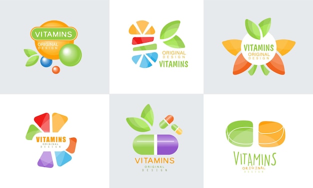 Vitaminas Diseño original Colección de logotipos Vida saludable Medicina natural Etiquetas coloridas Ilustración vectorial