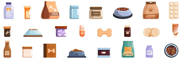 Vitaminas mascotas iconos conjunto vector Una colección de suministros para mascotas incluyendo comida para perros medicina y juguetes