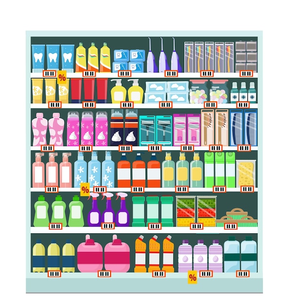 Vitrina con artículos para el hogar, productos de higiene, cosméticos y detergentes