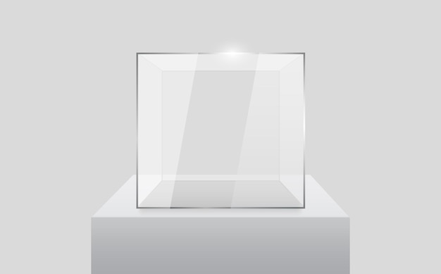 Vitrina de cristal vacía en forma de cubo. Cubo de cristal transparente vacío