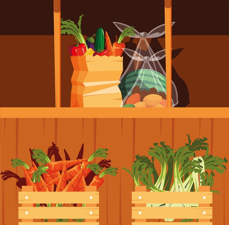 Vector vitrina de madera con verduras y frutas.