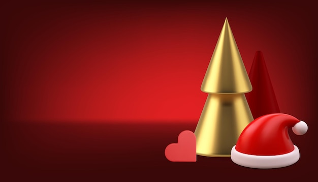 Vitrina de Navidad 3D fondo rojo sala de estudio abeto sombrero y corazón de Papá Noel vector realista