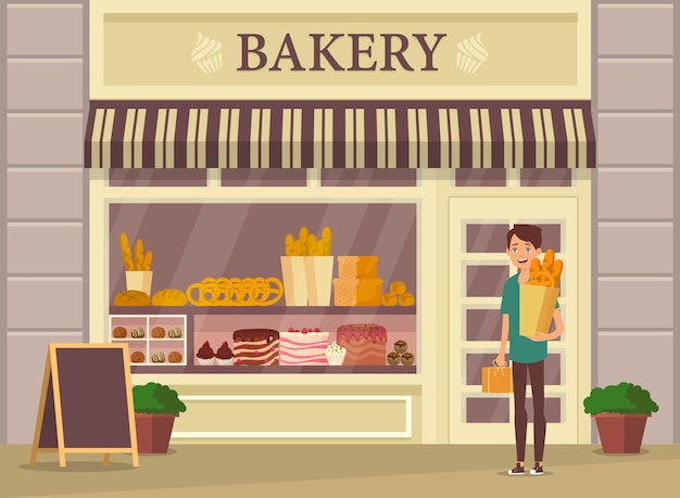 Vitrina de panadería o tienda y cliente