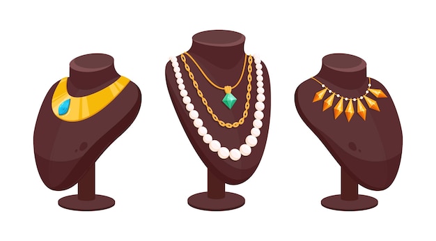 Vitrina de la tienda de collares Accesorios de joyas preciosas Joyas glamurosas en la tienda de joyas Stand de ilustración vectorial plano Set de tiendas de joyas de dibujos animados