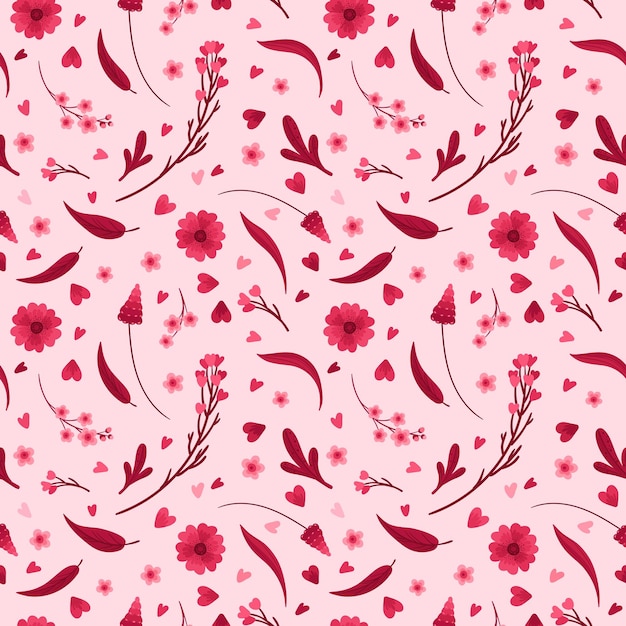 ¡Viva Magenta! Patrón floral sin fisuras. Flores florecientes, hojas rojas y rosadas y corazones.