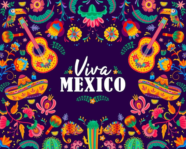 Vector viva méxico bandera del día de la independencia mexicana para vacaciones con flores tropicales ornamento de fondo vectorial sombrero mexicano guitarra y maracas o ornamento de cactus para la fiesta del día de la independencia mexicana