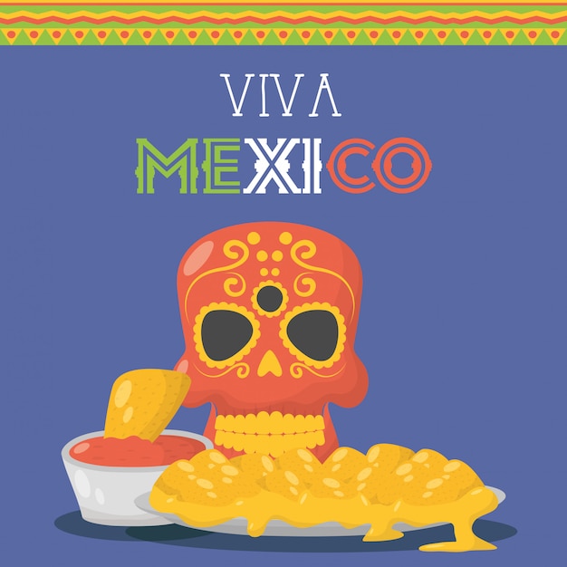 Vector viva méxico celebración con máscara de muerte y comida