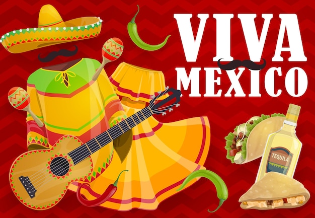 Viva México comida navideña y ropa de fiesta mexicana. sombrero sombrero, maracas y guitarra, chiles y jalapeños, tequila margarita, taco y quesadilla, bigotes de músico mariachi, vestido
