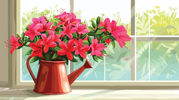 Vivas flores de azalea en una olla y un riego en el alféizar de la ventana