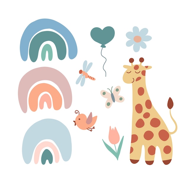 Vivero jirafa arco iris boho lindo animal resumen arco iris nubes póster ilustración y bebé