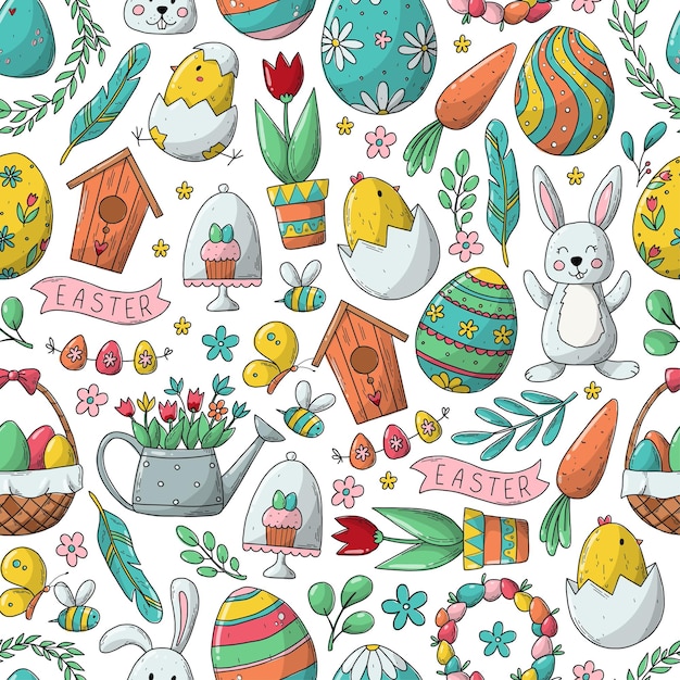 Vivero de Pascua de patrones sin fisuras con garabatos dibujados a mano para papel tapiz, scrapbooking, embalaje