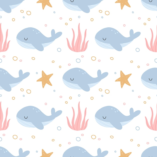 Vivero de patrones sin fisuras con una linda ballena y estrellas de mar animales marinos