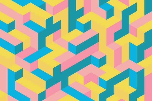 A vivid mix of yellow pink and blue color isometric mosaic pattern background in the retro style