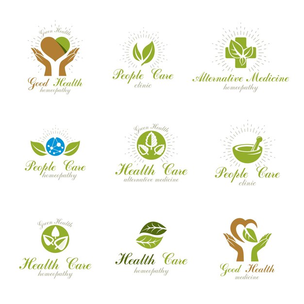 Vivir en armonía con la metáfora de la naturaleza, conjunto de logotipos de ideas de salud verde.