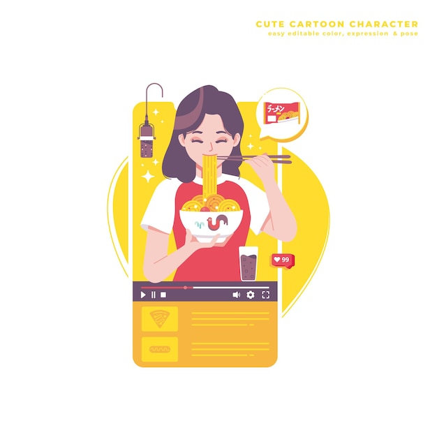 vlogger de comida personaje de dibujos animados