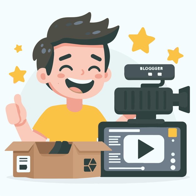 Vlogger emocionado abriendo la caja de su nueva cámara