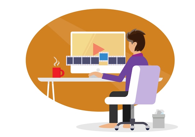 Vlogger o Blogger es consciente de la creatividad en el símbolo de innovación de los editores de video Aplicaciones para el diseño de software Vector de ilustración de dibujos animados de estilo plano