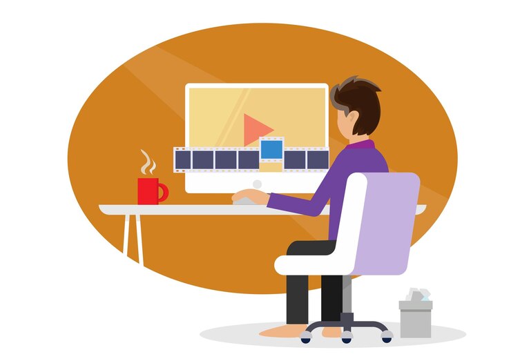 Vector vlogger o blogger es consciente de la creatividad en el símbolo de innovación de los editores de video aplicaciones para el diseño de software vector de ilustración de dibujos animados de estilo plano