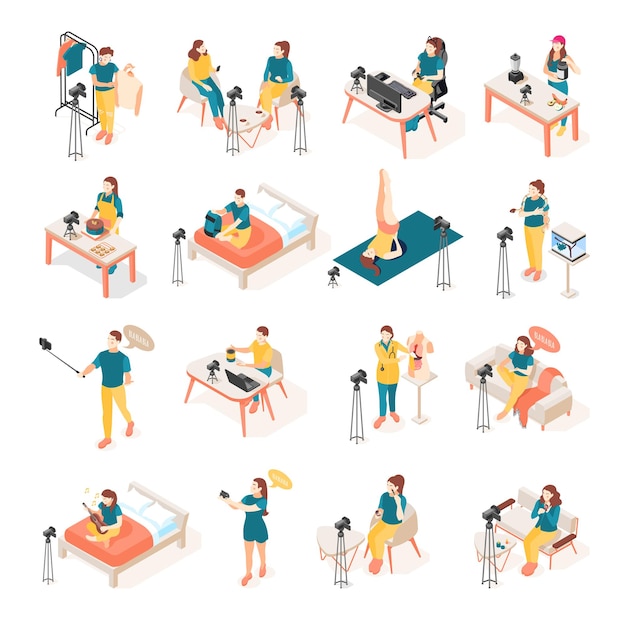 Vlogueros y blogueros grabando videos sobre moda mascotas salud cocina maquillaje deporte iconos isométricos conjunto 3d vector ilustración