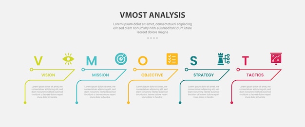 Vmost análisis infográfico estilo de esquema con plantilla de 5 puntos con contenido de tabla creativa con encabezado de línea de flecha para presentación de diapositivas