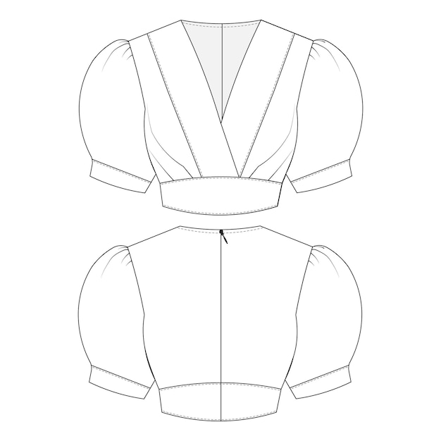 Vneck mangas cortas de globo plantilla de blusa plantilla boceto técnico cad maqueta de diseño de mujer de moda s