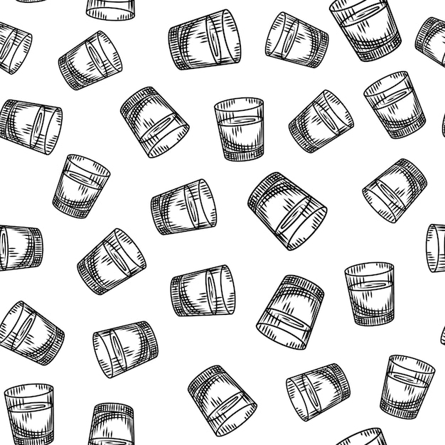 Vodka disparó de patrones sin fisuras sobre fondo blanco. Vaso de chupito completo de papel tapiz de alcohol.