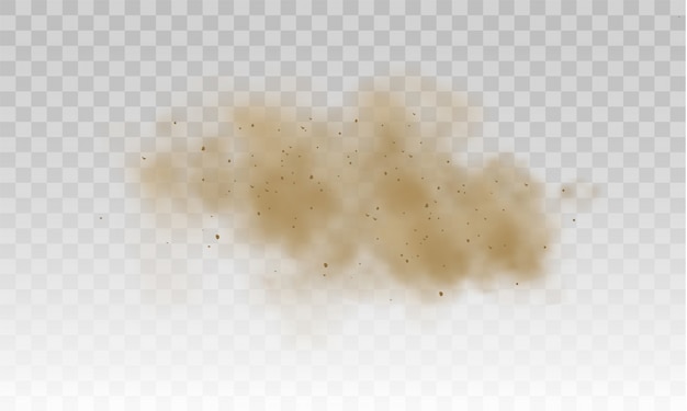 Volando arena. Marrón nube de polvo o arena seca volando con una ráfaga de viento, tormenta de arena. Nube de polvo Dispersión de rastro en la pista del movimiento rápido. Ilustración de textura realista de humo marrón.