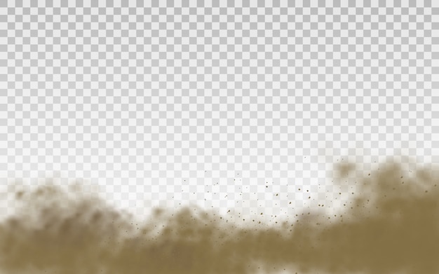 Vector volando arena. nube de polvo marrón nube de polvo o arena seca volando con una ráfaga de viento, tormenta de arena. textura realista de humo marrón. .