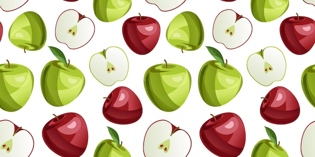 Volando jugosas manzanas de fondo sin fisuras con frutas enteras y en rodajas con hojas Vector