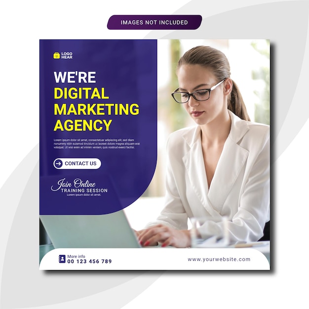 Un volante para una agencia de marketing digital con una mujer trabajando en una laptop.