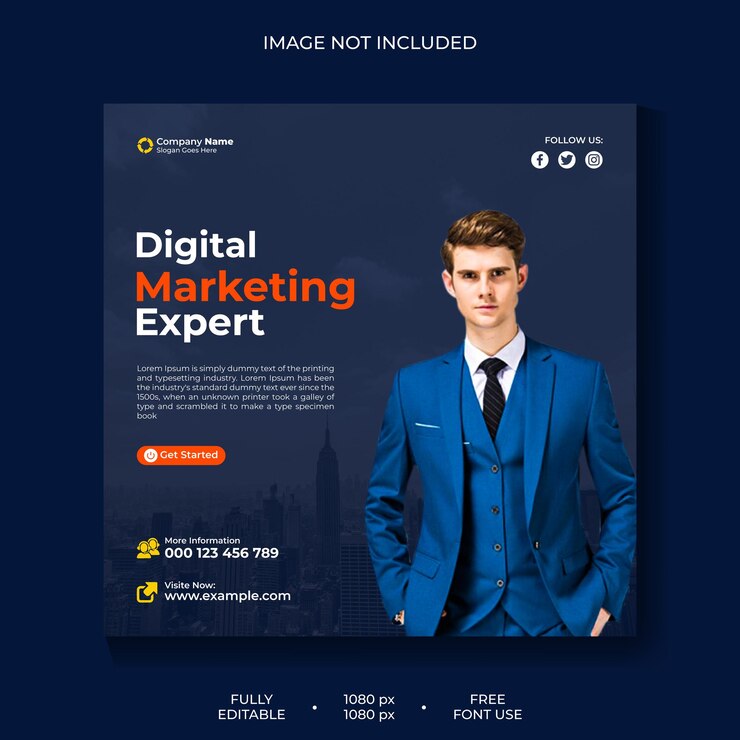 Un volante azul y negro para expertos en marketing digital.