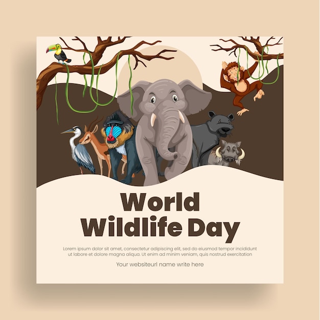 Volante del Día Mundial de la Vida Silvestre y los Animales con fondo de ilustración de dibujos animados de animales planos vectoriales