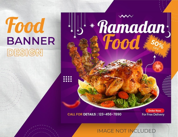 Un volante para el diseño de comida de Ramadán que es morado y morado.