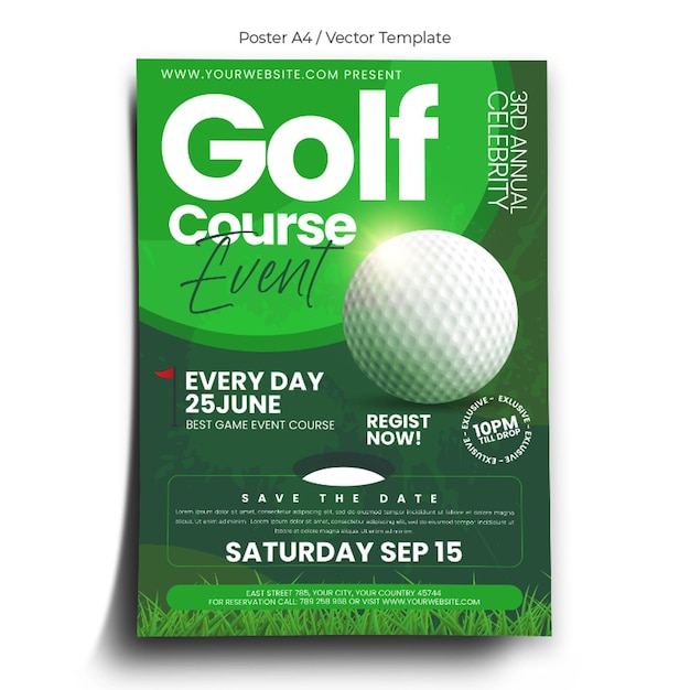 Un volante de evento de golf verde con las palabras evento de campo de golf.