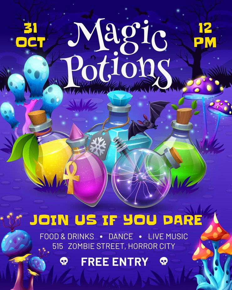 Vector el volante de la fiesta de halloween, las botellas de la poción mágica de la bruja.