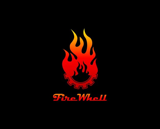 Volante y fuego. Ilustración de concepto de diseño de logotipo automotriz en fondo negro