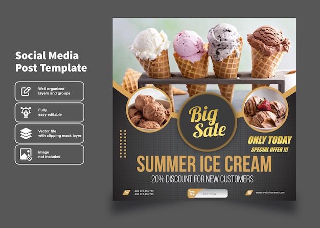 volante de helado de verano y plantilla de póster para publicación en redes sociales