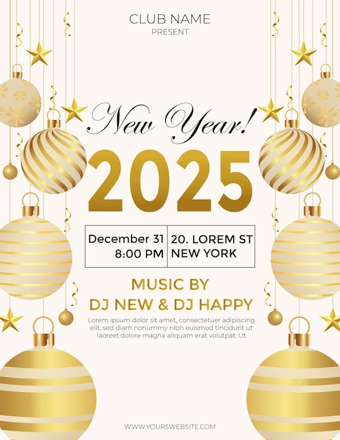 Volante de invitación para la fiesta del Año Nuevo 2025 con adornos dorados
