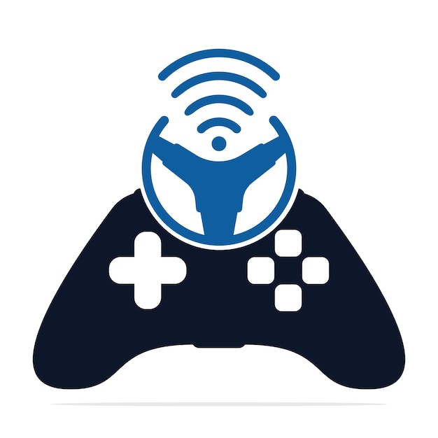 Volante Joystick y combinación de logotipo wifi Diseño de vector de logotipo de concepto de volante de juego