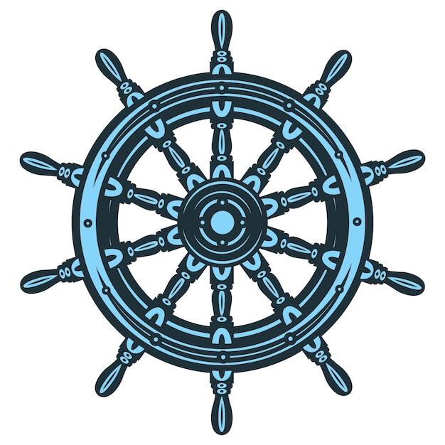 Volante de madera azul marino de un barco que consta de diez radios Ilustración vectorial de colores