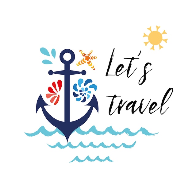 Volante de mar con frase de conchas marinas de ancla Vamos a viajar Banner tipográfico vectorial cita inspiradora Tarjeta para vacaciones de verano Etiqueta de impresión linda logotipo adhesivo signo de sello para viaje por el océano