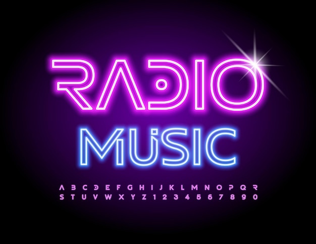 Volante de moda vectorial música de radio con fuente de neón creativa números y letras del alfabeto iluminado