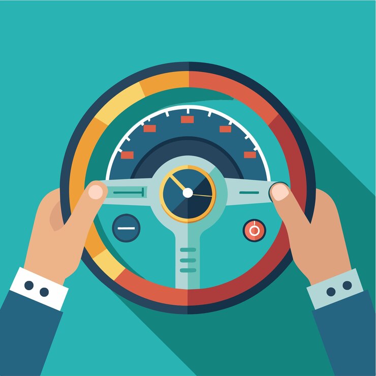 Vector el volante se sostiene con la mano con un medidor de velocidad en el tablero de instrumentos del automóvil
