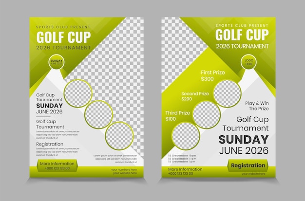 Volante de torneo de golf plantilla vector ilustración eps 10 Volante de página o doble lado del torneo de oro