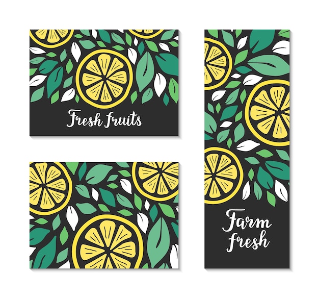 Vector volantes con hojas verdes y patrón de limón amarillo frutas frescas de granja texto con letras dibujadas a mano